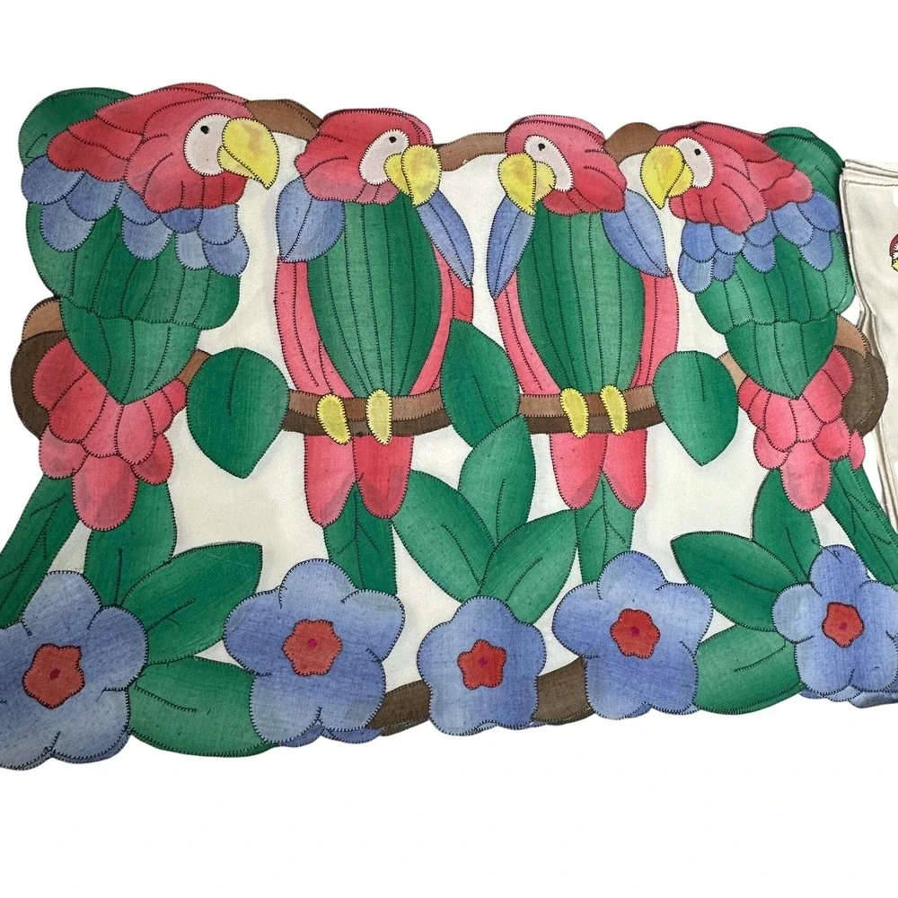 Vtg Linen Galore St Maarten Applique Parrot placemat & Napkins Set New Old Stock